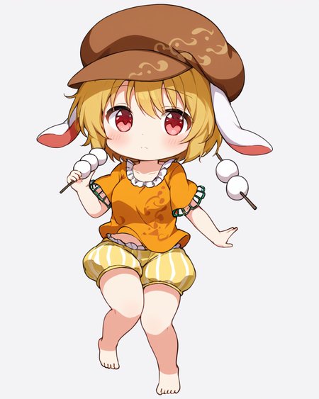 ringo \(touhou\),1girl, solo, barefoot, dango, chibi, short_sleeves, brown_headwear, yellow_shorts, looking_at_viewer, orange_shirt, eating, blush, indian_style, striped_shorts, flat_cap, heart, holding_food, full_body, cabbie_hat, white_background, frilled_shorts, crossed_legs
<lora:ringo_(touhou)_image967_2023-12-20-000015:1>,star-shaped_pupils,symbol-shaped_pupils,. gorgeous,key visual, vibrant, studio anime,award-winning, professional, highly detailed,high budget, cinemascope