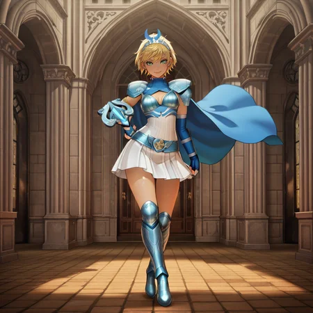 HDA_MasterpieceXLclassic, HDA_BKGD_Cathedral,  <lora:Artemis_-_Shin_megami_tensei_V:1> ArtemisIL, 1girl, blonde hair, green eyes, short hair, armor, pauldrons, dress, skirt, fingerless gaunlets, knee boots, blue cape, clevage cut out, tiara, confident smile, portrait, focus on upper body,