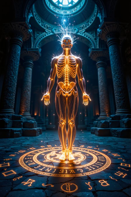 A hyper-realistic portrait, photorealistic photo close-up image of  Inside an ancient temple, a being of living anatomy stands in the center of a large, glowing rune etched into the stone floor. His body, stripped of skin and muscle, reveals only the luminous, skeletal framework and the intricate flow of energy that circulates like blood through his veins. Surrounding him, symbols carved into the stone walls pulse with a faint golden glow, seemingly in sync with the rhythm of his heartbeat. The bones of his ribcage expand and contract as his lungs draw in breath, despite the absence of flesh. From his skull, faint tendrils of glowing light drift out, mimicking the movement of hair in a breeze. The air in the temple is thick with a sense of ancient power, as though this living anatomy is not merely a medical curiosity, but a sacred being. The cool, blue light from above filters down through the cracks in the temple roof, casting long shadows on the ground and giving the figure an almost divine aura. The living anatomy seems frozen in time, a perfect balance between death and life, science and spirituality. (photography, high-resolution, dynamic, energetic,hyper-realistic, dramatic lighting, shallow depth of field.), detailmaximizer, MythP0rt<lora:midjourney_whisper_flux_lora_v01:0.55><lora:aidmaMJ6.1-FLUX-V0.1:0.4><lora:FluxMythP0rtr4itStyle:0.4><lora:detailed_flux_ntc:2.2><lora:aidmaImageUpgrader-FLUX-V0.1:0.65>