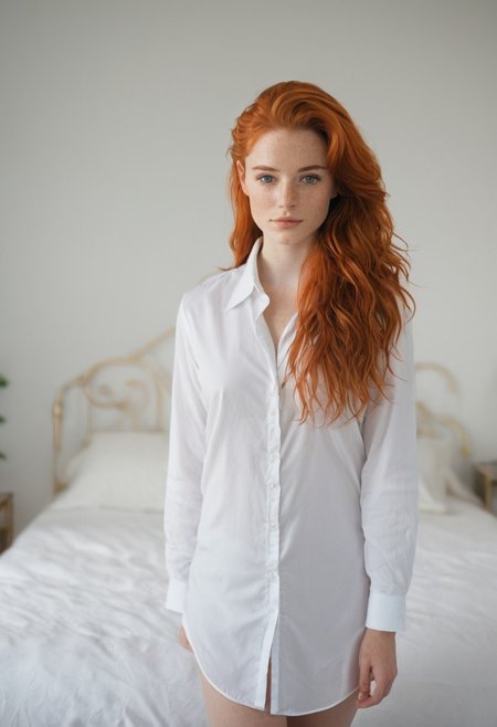 80sc1nemat1c5tyle. portrait, solo, a shy cute female with fair skin, freckles, green eyes, (looking at viewer), and long vibrant red hair, facing the viewer, wearing a large long-sleeved white buttoned shirt, posing in her white bedroom in a sexy pose. 
BREAK 
cinematic, 8k, photorealistic, high quality, tungsten lighting,