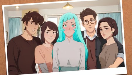 ((Masterpiece, Ultra Detail, Best Quality, Anatomically Correct)) 
Family Photo, all next together, looking at POV  
<lora:Caspian_Keyes:1> C4sp14n, 1boy, male focus, short hair, brown hair, brown eyes, thick eyebrows 
<lora:Maddie_Kim:1> M4dd13K1m, 1girl, short hair, brown hair, brown eyes, short ponytail 
<lora:Mist_Pantheon:1> M1st, 1girl, aqua eyes, aqua hair, long hair, bangs
<lora:David_Kim:1> D4v1dK1m, 1boy, male focus, glasses, short hair, brown hair, brown eyes, facial hair, stubble 
<lora:Ellen_Kim:1> Ell3nK1m, 1girl, short hair, brown hair, brown eyes, lips, green earrings