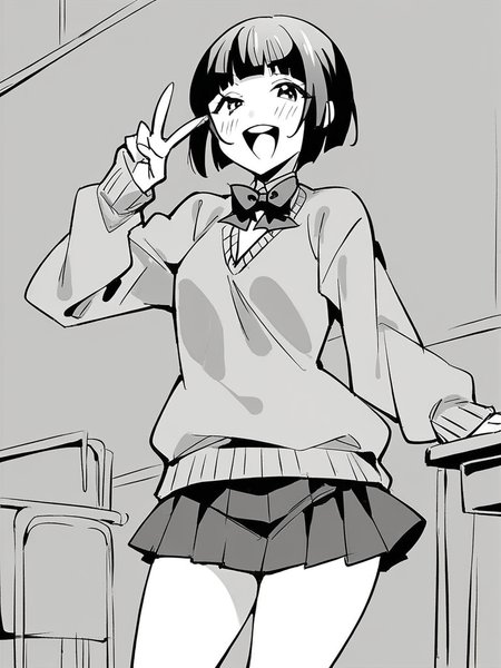 score_9, score_8_up, score_7_up,  
1girl, monochrome, black hair, short hair, blunt bangs, small breasts,

standing, smile, open mouth, looking at viewer, v, 
classroom, solo,
school uniform, sweater, bowtie, pleated skirt, short skirt, thighs,