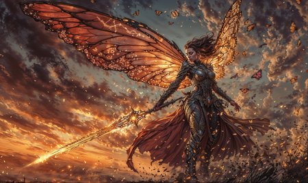 Fantasy digital artwork featuring a warrior fairy with large, intricate butterfly wings. The wings are vibrant shades of red and orange, with detailed patterns and glowing veins. The fairy has long, flowing hair and is dressed in ornate, dark armor with metallic and organic elements. She wields a glowing, fiery sword, and her stance is powerful and commanding. The background is a dramatic sunset sky with clouds in hues of orange, red, and yellow, and small butterflies are scattered around, enhancing the magical atmosphere.