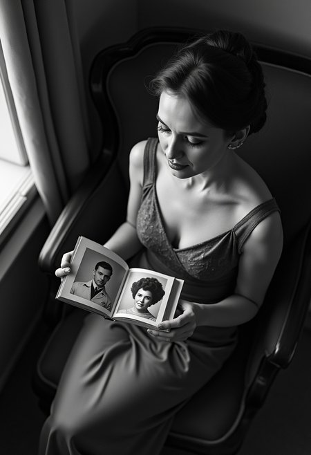 A graceful woman in a stunning vintage outfit, gazes lovingly at a cherished photograph of her husband. The scene is set in a retro black and white theme, emphasizing a timeless elegance. The focus is on the woman, with the photograph of her husband clearly visible. The perspective is captured from a bird's-eye view, adding a unique angle to the nostalgic ambiance.