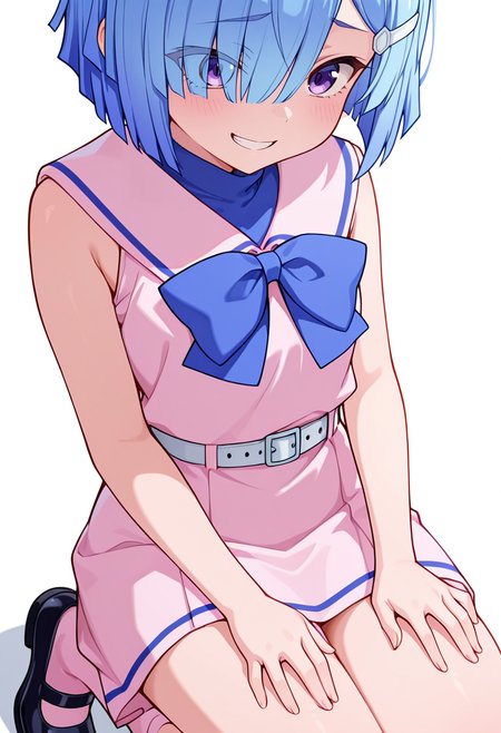 masterpiece,high quality details, absurdres,
 <lora:Imose_Mimika:0.8>
mimika_cnr, 1girl, blue hair, short hair, hair over one eye, purple eyes,eyes visible through hair,hairclip,
mimika_s1, sleeveless, pink dress, sailor collar, white belt, bow,bowtie,pink socks,mary janes,, simple background, white background, from behind,solo,, grin,horrified,, hands on thighs,kneeling on floor,sitting pose,