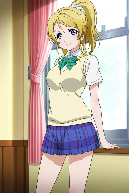 anime screencap, anime coloring, detailed face, masterpiece, best quality, very aesthetic, absurdres, volumetric lighting, official style, amazing quality, ultra detailed, highres, amazing quality, scenery, beautiful detailed hair, beautiful detailed eyes,
<lora:StS-Illustrious-Detail-Slider-v1.0:4>
 <lora:Eli_Ayase_Love_Live:1>
Eli school uniform (outfit), Eli Ayase (character), 1girl, otonokizaka school uniform, blonde hair, solo, ayase eli, school uniform, skirt, ponytail, socks, window, white scrunchie, curtains, kneehighs, sweater vest, bow, green bow, striped bow, looking at the viewer, smile