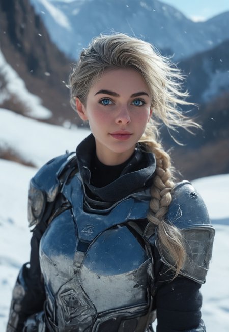masterpiece,best quality, highly detailed, score_9, score_8_up, score_7_up,
Highly detailed photorealistic image, perfect lighting, intricate detail, beautiful and fierce female soldier, Scandinavian, pale blonde hair in a tight braid, icy blue cybernetic enhancements on face, sleek white and silver body armor with subtle blue accents, holding an advanced plasma rifle, standing on a snowy mountain with a futuristic military base in the background, faint aurora borealis in the sky, drones flying overhead, RAW photo, HD32K, upper body, looking boldly at the viewer, Swedish flag patch on armor
 <lora:Dynamic Poses:1>
 <lora:detailed_notrigger:1>
(((full clothed))), ((detailed random background))