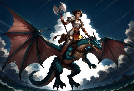 score_9,score_8_up,score_7_up,extreme detailed,zPDXL,sky,flying BREAK 1girl,
<lora:Pony_DetailV2.0:1> BREAK wyvern rider,wyvern,wings,dragon riding,dragon wings,armor,holding axe,<lora:wyvern rider-pony:0.8>,fighting stance,close-up,