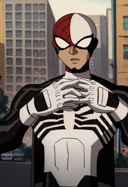 ultimate spider-man, black suit, white patches on hands, 1boy, white eyes, skinny, outside, in city, on rooftop, upper body, solo, score_9, score_8_up, score_7_up, high-res image, masterpiece, best quality,