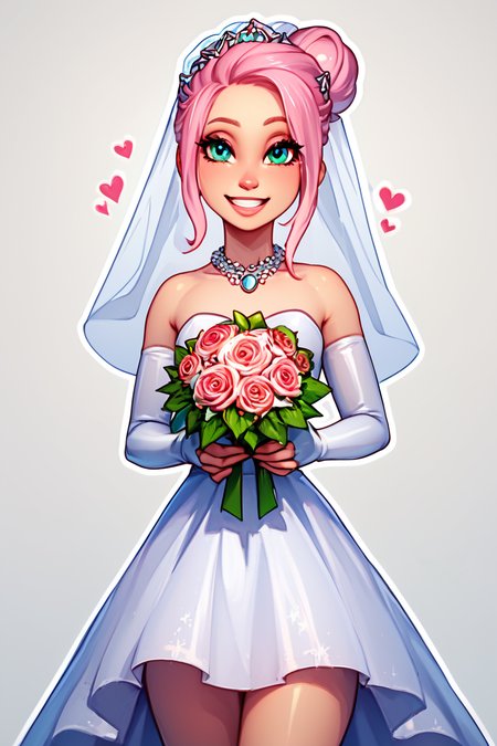 score_9, score_8_up, score_8, medium breasts, (curvy), cute, eyelashes,       BREAK, , zzBrooklynn, pink hair, single hair bun,  <lora:Brooklynn_Jurassic_Park_PDXL_v2:0.7>, , BREAK, smile, looking at viewer,  bride, wedding dress, bridal veil, strapless dress, elbow gloves,  holding bouquet,  hearts, white outline, cowboy shot, embedding:zPDXL, Expressiveh,  <lora:CatalystStylePDXL:0.5>,  <lora:LFashionPDXL:1>,  <lora:Uncensored_PonyXL_cpt_v02.09:0.4>,  <lora:Expressive_H-000001:0.4>,