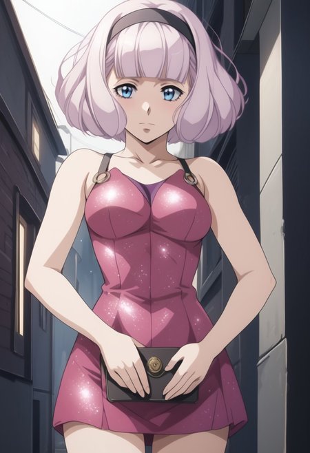 score_9, score_8_up, score_7_up, source_anime, lemrina vers envers, short hair, bangs, blue eyes, purple hair, hairband, blunt bangs, bob cut, short hair, black hairband, medium breasts,  anime screencap,,, (best quality) , (highly detailed) ,((masterpiece)), ((best quality)), (ultra-detailed), ((extremely detailed)), (high resolution), 4K, (8K), best quality, (beautiful), (dynamic lighting), (super detailed skin), , glitter dress, microdress, collarbone, sleeveless, hip vent, o-ring, clothing cutout, holding wallet, v arms, alley, night, standing, cowboy shot, looking down, embarrassed, detailed eyes、detailed face and detailed skin detailed eyes、detailed face and detailed skin