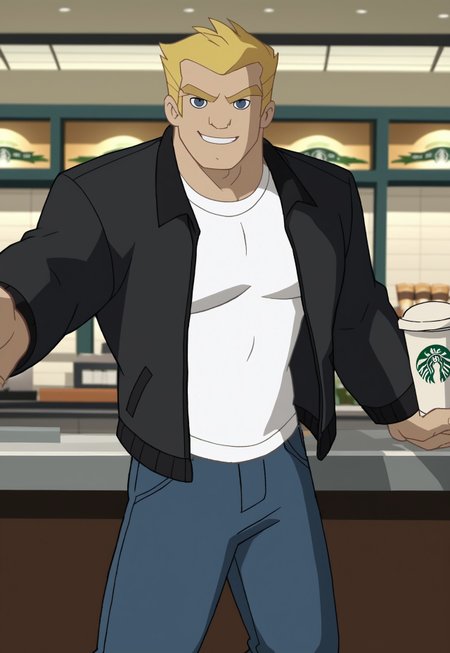 score_9, score_8_up, score_7_up, Absurdres, Intricate Details, Masterpiece, Best Quality, Expressiveh, source_cartoon, screencap, high quality cg, sz4d3k, dofus,
1boy, male focus, solo, plump pecs, 
SpecStyle, SpecEddieBrock, short hair, blonde hair, black jacket, open jacket, white shirt, jeans,
indoors, starbucks, dynamic angle, dim lighting, dynamic pose,
looking at viewer, smirk,