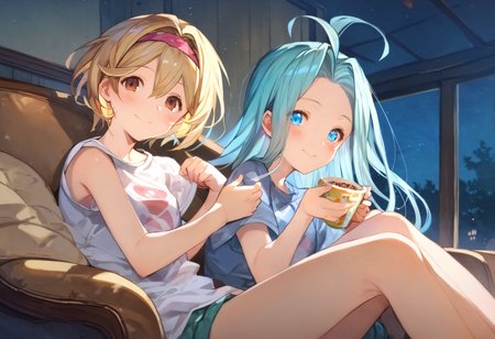 score_9, score_8_up, score_7_up, masterpiece, best quality, very aesthetic, absurdres, aged up, from front, night,
side-by-side, leaning on person, leaning on shoulder, sitting on couch, (eating popcorn:0.5),
(2girls, yuri:1.5), blush, happy smile, looking at viewer, t-shirt, (clear eyes:1.2),
lyria \(granblue fantasy\), very long hair, blue hair, blue eyes, (skinny, body_slim:1.2),
djeeta \(granblue fantasy\), short hair, blonde hair, (hairband:0.7), brown eyes, 
<lora:JitaRuri-Pony:0.8> jitaruri, <lora:IshikePony:0.2>,