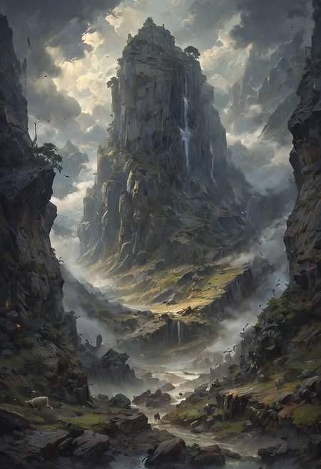 View from a rocky ledge to a massive, weathered ark resting between two high, jagged hills. The scene is shrouded in a thick, ominous fog, with an eerie stillness in the air. The ark, appearing ancient and majestic, looms large against the chaotic swirl of dark clouds above. The sky is filled with ominous, swirling clouds, casting deep shadows over the landscape. Animals of all kinds are faintly visible through the mist, gathering in pairs and moving towards the ark. The overall scene evokes a sense of awe and solemnity, capturing the profound moment of Noah's Ark amid the turbulent surroundings. [romantic impressionism,dream scenery art,beautiful oil matte painting,romantic,style of thomas kinkade,beautiful digital painting,anime landscape,romantic painting,dreamlike digital painting,colorful painting,beautiful gorgeous digital art,style of greg rutkowski,janek sedlar,jenny saville:0] <lora:vivid_everclear:0.6>  <lora:Sinozick:1>