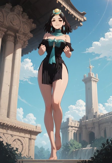 <lora:add-detail-xl:1.3>, score_9, score_8_up, score_7_up, score_6_up, score_5_up, score_4_up, rating_expilcit, 16K UHD, masterpiece, highest quality, rating_explicit, 1girl, solo, slimes_amaryllis, black hair, brown eyes, undressing, sexy posing, flirting, medium breasts, breast exposed, bare shoulders, bare legs, bare feet, g0thicPXL, sexy pose, pinup pose, seductive smile, horny, biting lips, Expressiveh, dynamic angle, dynamic pose, (cartoon), afrobullstyle, vivid colors, colorfull, full body shot, negative_hand, sunny day, temple background