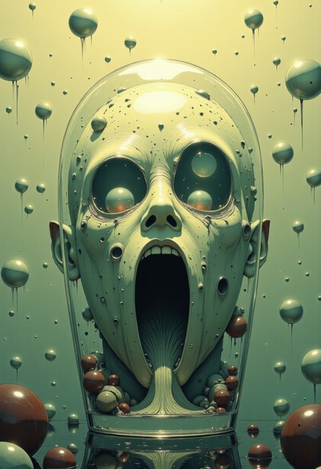 Ultra realistic photo of condensation on glass, capturing an ethereal face-like formation in bubbles, shot with precise focus and shallow depth of field. The main bubble cluster creates distinct facial features - two hollow circular voids forming haunting eye sockets and an elongated opening suggesting a silent scream. Intricate details of water droplets cascade around the central formation, their surface tension creating prismatic light effects. The glass surface is heavily fogged with a fine mist of moisture, creating a dreamy, translucent canvas. Soft, diffused warm lighting filters through from behind, casting gentle shadows and highlighting the delicate water formations. The background dissolves into a creamy bokeh of warm yellows and beiges. Multiple smaller bubbles cluster around the main shape, adding dimensional depth and texture. The overall composition evokes the style of abstract portraiture mixed with scientific microscopy. Shot with professional macro lens at f/2.8, inspired by the ethereal quality of Gregory Crewdson's atmospheric lighting. The mood is simultaneously beautiful and unsettling, with the ghostly face emerging from the natural phenomena of condensation., beautiful, vibrant, masterpiece, 32k, ultra HD, ultra-detailed, amazing quality, amazing artist, sharp edges, detailed textures, full view, atmospheric lighting, amazing visuals. Fantasy landscape