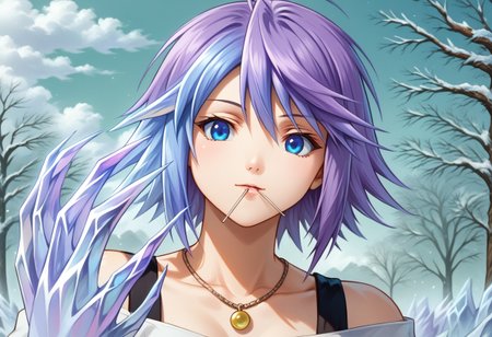 score_9, score_8_up, score_7_up, score_6_up,<lora:Mizore_Shirayuki_v2_Rosario__Vampire_SFWNSFW_PONY_XL_by_UOC:1>, Mizore Shirayuki, MizoreShirayuki, mouth hold, 1girl, yukionna, yuki_onna, solo, short hair, blue eyes, jewelry, ice claws, blue hair, purple hair, food, necklace, tree, candy, ice, lollipop