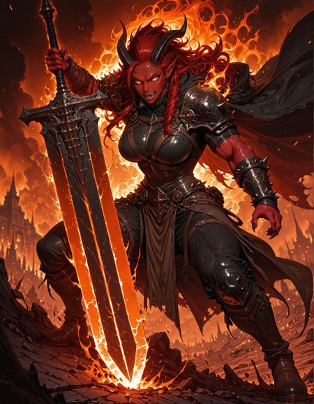 masterpiece, best quality,high quality, newest, highres,8K,HDR,absurdres, 1girl, tiefling, solo, large breasts, fire aura, fangs, powerful and muscular, deep red skin, sharp black horns, fiery golden eyes, long wild hair, battle-scarred, massive greatsword on shoulder, spiked leather armor, tattered cape, standing on a battlefield, embers in the air, cracked ground from impact, war cry, battle stance, intense expression, medieval fantasy, dramatic lighting, detailed background, depth of field, dynamic pose, detailed background, dynamic pose, dynamic composition,dutch angle, detailed backgroud,foreshortening,blurry edges <lora:iLLMythG0thicL1nes:1> G0thicL1nes