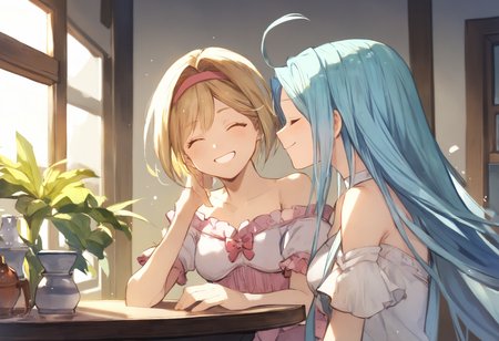 score_9, score_8_up, score_7_up,score_6_up, source_anime, best quality, aesthetic, absurdres, anime,
dining room, dining table, looking at another,
2girls, yuri, (big smile:1.3), closed eyes, talking,
lyria \(granblue fantasy\), very long hair, blue hair, ahoge, (body_slim:1.1), small breasts, (choker:0.7), white cami-dress, bare shoulders, (strapless:0.5), 
BREAK
djeeta \(granblue fantasy\), blonde hair, short hair, (hairband:0.5), pink blouse, medium breasts, short short sleeves, smile,
<lora:JitaRuri-Pony:0.8> jitaruri,