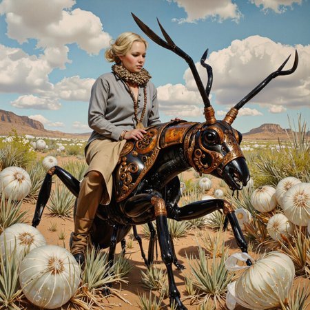 <lora:Vintage_Nudity_60s:0.8> fl0rate fractal portrait of a frilled mature Central African female cyborg riding a giant ant in a Wild West landscape, glass tumbleweeds. She is wearing long sleeve button-up shirt tucked into ankle-length skirt and prayer beads with tassel. Intricate black and bronze and copper, monumental, very detailed. many pale bulbous organic shapes. <lora:Florate Flux_v2_epoch_10:0.8>