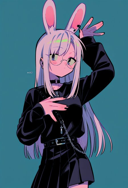 1girl,  aged up, silver hair, long hair,          
BREAK   1girl, rabbit pose, hand on own chest, skirt up show pantie,       
BREAK (goth, goth fashion),  round eyewear,            simple background,    
BREAK safe, ((menma \(enaic31\):1.05), (yoyokkun:0.8)), depth of field, masterpiece, best quality, very aesthetic, absurdres, highres, scenery, newest, <lora:ponyv5_noobV065S_1_adamW:0.7>, <lora:lora:0.4>, <lora:UNSTABLE_v0.7:0.5>