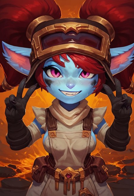 score_9, score_8_up, score_7_up, score_6_up, ultra quality, 1girl, BPoppy, Yordle, shortstack, blue skin, twin tails, red hair, pink eyes, blacksmith hat, goggles, work apron, breasts, upper body, v sign, smiling, looking at viewer, molten metal, 4k, hi res