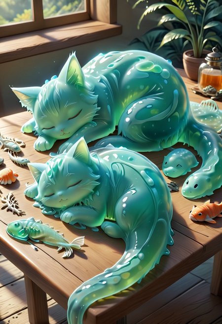 Sl1m3d, masterpiece, highest quality, cute, whimsical,  Adorable green slime-morph-kitten, sleeping on a table, sunlight, paws, tail, cat ears, a couple of slimos sleeping next to each other, peaceful environment, cosy, closed eyes, very cute, fish skeleton next to each other