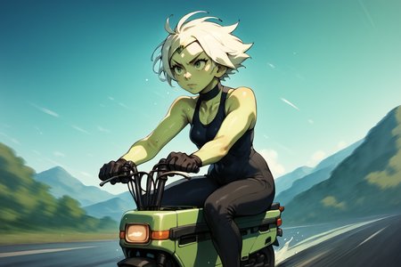 motocompo, riding motocompo
 peridot,,
small woman large chest, short tomboy hair, wearing tight yoga, pants, standing <lora:Motocompo:1>
driving to the right <lora:RD-MAnon-XLV1.1:1>, , source_anime, score_9_up, score_7_up, score_8_up
