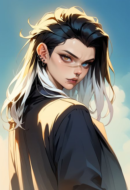 score_9,score_8_up,core_7_up, <lora:fade_valorant_pdxl:1>fadeValo, 1girl, solo, piercing,  long hair, mole, jacket, black hair, looking at viewer, nose piercing, mole under mouth, lip piercing, ear piercing, looking back, black jacket, multicolored hair, brown eyes, jewelry,blue eyes, heterochromia,