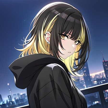(masterpiece),(best quality),(ultra-detailed),(best illustration),(best shadow),(absurdres),(detailed background),(very aesthetic), luca ikaruga, casualoutfit2, 1girl, blonde hair, solo, multicolored hair, hood, hoodie, yellow eyes, looking at viewer, black hair, night city background <lora:Luca_Ikaruga__æé³©ã«ã«_-_The_Idolmster_Shiny_Colors__ã¢ã¤ãã«ãã¹ã¿ã¼_ã·ã£ã¤ãã¼ã«ã©ã¼ãº_SDXL_-_Animagine_XL_3.1:1>
