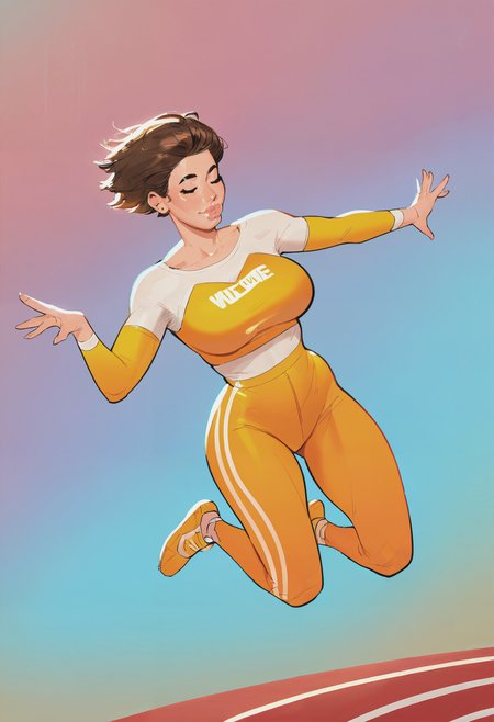 score_9, score_8_up, score_7_up, source_cartoon, 1girl, large_breasts, mature_female, solo, open_eyes, Jumping with arms forming a 'Y' shape, sideways, Yellow Twinset, very short hair, skinhead, Dark Brown hair, runway, lower_body, rating_safe, <lora:pony\artist_styles\meinfischer_pony:0.8>