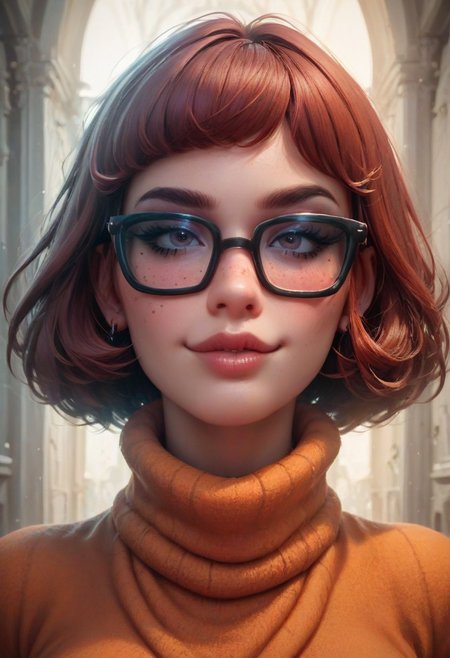 score_9, score_8_up, score_8. score_9, score_8_up, score_7_up, score_6_up, masterpiece, 4k, high quality
vivid colors, Expressive, 
1girl, 25 year old beautiful Velma(from scooby doo), thick black lashes, blush, black collar, freckles, sultry look, soft smile, thick glasses, dark brown hair,