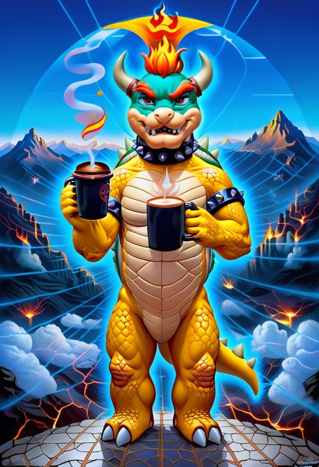 (1 perfect bowser), drinking coffee, (volcano background), ((full body view)), rating_safe, zPDXL, alexgrey , anatomical ,lattice,  <lora:Alex_Grey_PonyXL:0.9>