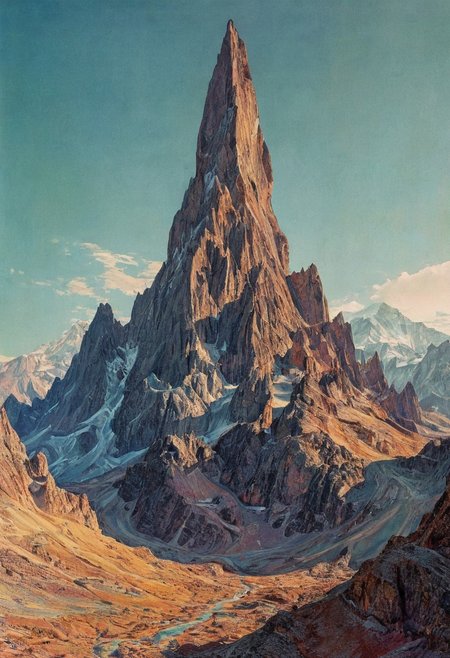 glitched wavy distortions, non-representational, colors and shapes, expression of feelings, imaginative, model,, towering mountains loom, their peaks highly detailed . extremely high-resolution details, photographic, Illustration by moebius and Pablo picasso (artist) abstract expressionism, detailed painting1930s black renaissance painting”on textured  film photography style,  medium grain, FRESHIDESH Moebius comic book