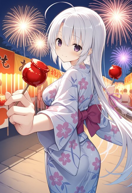 1girl, aanene, long hair, white hair, ahoge, hair ribbon, purple eyes, <lora:ayachi_nene_ilxl_v1:0.9>, night, summer festival, outdoors, yukata, floral print, smile, fireworks, holding candy, candy apple, dual wielding, reaching, solo,
masterpiece, best quality, amazing quality,