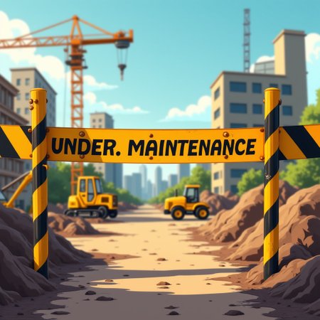view on construction site ribbon, yellow and black stripes ribbon, poster on the ribbon with text "Under maintenance", cartoony style art,
bunch of construction working in the background, construction site building