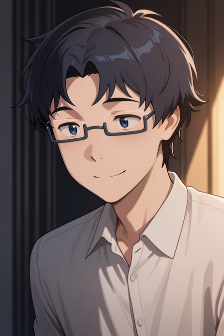 masterpiece, absurdres, newest, perfect quality, best quality, absolutely eye-catching, amazing quality, very aesthetic, high resolution, ultra-detailed, 1boy, male focus, solo, joe_kido_tri, dark blue hair, dark blue eyes, glasses, under-rim eyewear, smile, closed mouth, detailed background, volumetric lighting, vibrant colors