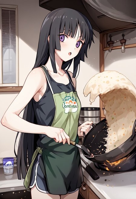 (score_9, score_8_up, score_7_up), Expressiveh, easynegative, detail1eye, good_hands, 1girl, solo, <lora:yomi-isayama-s1-ponyxl-lora-nochekaiser:1>, yomi isayama, long hair, bangs, black hair, purple eyes, blunt bangs, hime cut  BREAK black tank top, dolphin shorts, green apron BREAK incrsfriedriceprankmeme. food, fried egg, frying pan, holding, kitchen,  (indoors:1.3) cowboy shot, 4k, (insane quality:1.1), <lora:add-detail-xl:1>, <lora:xl_more_art-full_v1:0.5>, <lora:FriedRicePrankMeme_XLPD:1>,