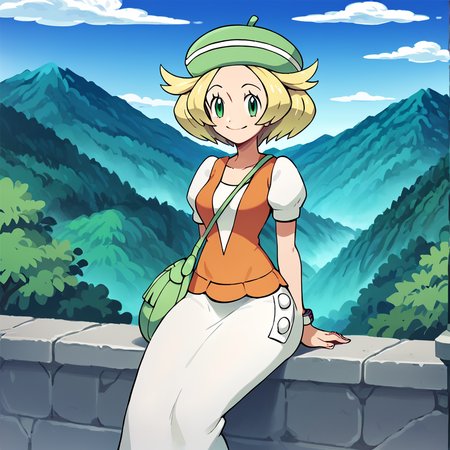 score_9, score_8_up, score_7_up, score_6_up, score_5_up, score_4_up,  <lora:Bianca_Pokemon_BW1:1>, bianca \(pokemon\), 1girl, solo, breasts, wide hips, white skirt, vest, short sleeves, smile, beret, sitting, outside, green eyes, looking at viewer, shirt hair, blonde hair, trees, mountains, clouds, handbag, shoulder bag, long skirt,