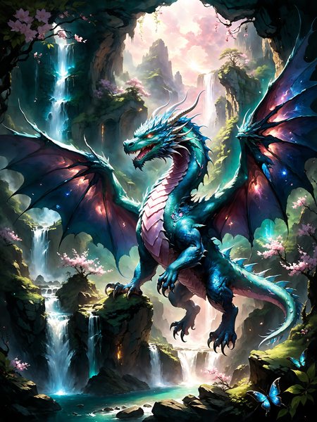 <lora:add-detail-xl:2.4> <lora:xl_more_art-full-xl:0.6> <lora:lyco-style-envydramaticlightingxl01_digital_art-xl:0.66> <loractl:envybetterhiresfixxl01-xl:0.2:hr=1.0> <lora:style-cosmic_nebula-xl-by_martius72:0.3> martius_nebula energy, famous artwork by (winona nelson:1.4) and (maurice sapiro:1.4), an enormous ancient mythical azure eastern dragon with (shimmering metallic blue:1.2) scales rests upon a jagged cliff overlooking a vast, emerald-green valley, waterfalls cascade down rocky formations and ancient ruins peek through the dense foliage, (huge wings, wings out of frame, bright glowing eyes:1.4), light pink blooming cherry trees, realism, perfect composition, epic, magic, mythical, colorful, blue, green, deep purple, black, red, ultra detailed