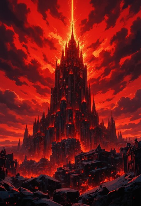 massive evil tower burning and cracking apart under golden laser beams of light from cloudy red sky
mythp0rt,ne0nfant4sy,aidmaMJ6.1