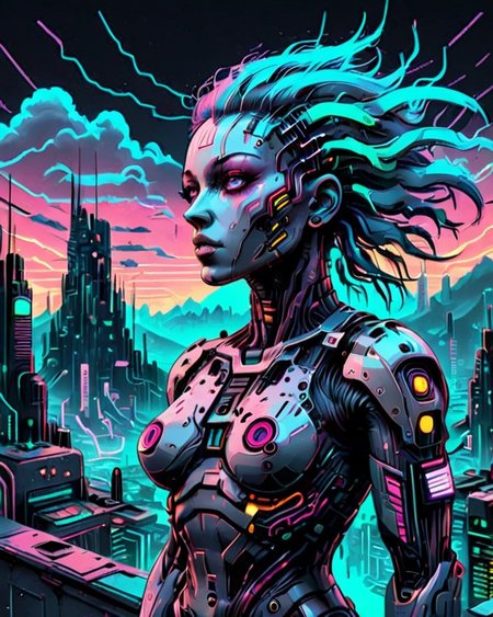 female cyborg|cyberpunk cityscape| 80's inspired| synthwave| vaporwave|retro futurism|neon| double exposure, vapor wave background, circuit board, dark futuristic, (masterpiece:1.2), best quality, high resolution textures
 OverallDetail-SDXL SkinHairDetail-SDXL SkinDetail-SDXL EyeDetail-SDXL <lora:CircuitryTechXL-000008:0.7>circuitrytech