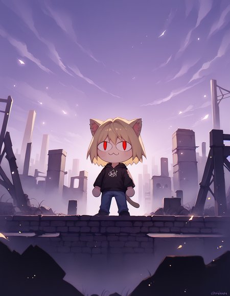 score_9, score_8_up, score_7_up BREAK necoarc, blonde hair, red eyes, slit pupils, cat ears, :3, chibi, torn clothes, hoodie, coat, jeans, purple sky, fog, glowing, light particles, post-apocalypse, city, ruins <lora:necoarc-guy-PONYv1_1:1>