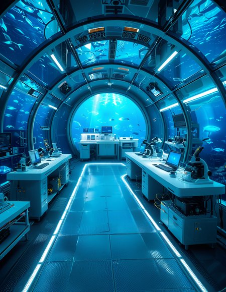A futuristic underwater research laboratory,underwater research l4b0r4t0ry, located deep beneath the ocean's surface, surrounded by vibrant marine life and illuminated by soft, bioluminescent lighting. The laboratory features large, reinforced glass domes offering a panoramic view of the surrounding blue abyss, with schools of colorful fish and rays of sunlight filtering through the water above. Inside, advanced scientific equipment, glowing computer screens, and researchers in modern wetsuits or lab coats are visible, conducting experiments. The structure is sleek and metallic, with curved, aerodynamic designs to withstand water pressure. Coral reefs and marine plants grow nearby, adding natural beauty. The lighting is a mix of cool, bluish tones, with faint yellow lights from the laboratory windows creating a contrast. The atmosphere is calm yet futuristic, with a focus on scientific exploration and harmony with the marine environment.
<lora:SDXLFaeTastic2400:0.4> <lora:extremely_detailed:0.4> extremely detailed, <lora:underwater_research_l4b0r4t0ry:1>