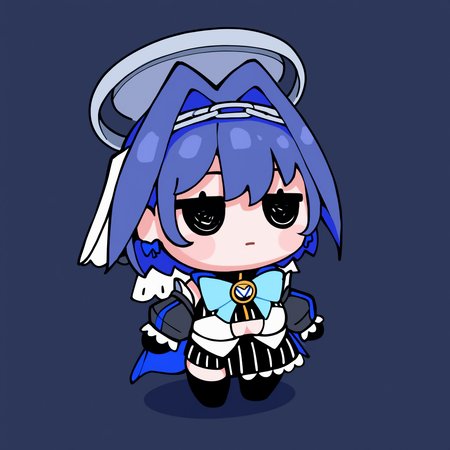 masterpiece, best quality, newest, chibi, full body, black eyes, solo, 1girl, Kr0niiDef, expressionless, standing, jitome, blue hair, short hair, hair intakes, chain headband, bow earrings, mechanical halo, white veil, striped crop top, zipper, white vest, clothing cutout, blue bow, detached sleeves, black gloves, black skirt, half-skirt, striped skirt, black thighhighs, blue cape, simple background
<segment:yolo-Anzhc Face seg 640 v3 y11n.pt,0.4,0.6//cid=11>