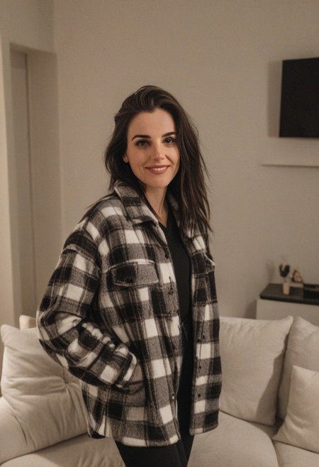 30yo woman wearing Plaid Polar Fleece Shacket with white textures 
long black dark hair slick back and smooth. Kissface. 
smile. Looking at camera. POV.
happy. 
Living room. Fully furnished.
Night time.
Portrait.