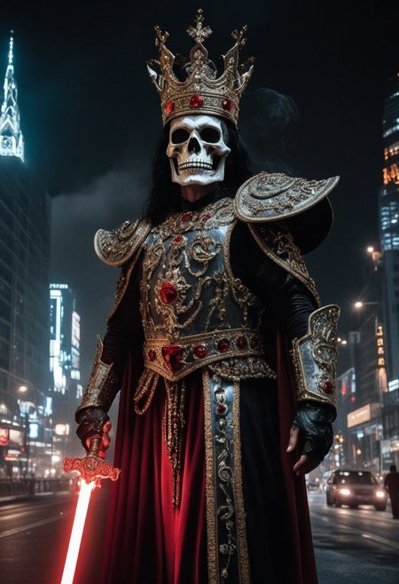 , 16k, raw, (ultra high picture quality), (intricate details), (strong fisheye lens photo/ intense fisheye view photo), ((bottom lit/)/(underlighting)), full body,  large view, ((dynamic photograph of a giant macabre riveted chrome and gold mechanical deity ) (tall jewelled mitre crown) (black and red smock), (holding a long (was-sceptre) stylized sceptre of power with an animal head at the top), ( is destroying the city)), (outside late at night during an electrical storm),
[horror , (double exposures), (low opacity overlays), nighttime, outdoor, realisticvision-negative-embedding, ]