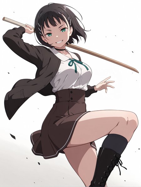 masterpiece,best quality,newest,1girl,solo,
<lora:p_suguha_v1.0:1>,p_sugu,
blouse,cardigan,choker,high-waist_skirt,kneehighs,lace-up_boots,
<lora:Fixhands_anime_bdsqlsz_V1:1>,dynamic_angle,cinematic_angle,white background,simple_background,wooden sword,looking_at_viewer,grin,smirk,fighting_stance,fighting,Swinging a wooden sword,
