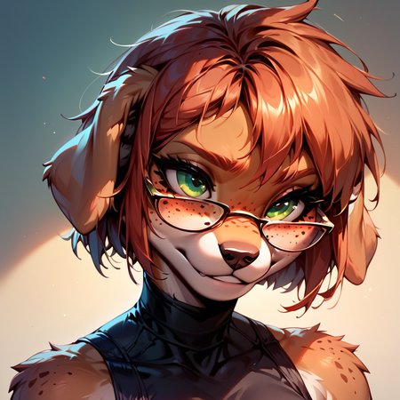 score_9, Score_8_up, Score_7_up, 6k, 8k, best quality, Furry,  sexy girl,  (Makoto), Dog furry, Brown fur, freckles, glasses, short hair, green eyes,  <lora:Makoto_v01_PDXL:0.8>, anthro, , Sinozick Style, <lora:add-detail-xl:0.4> <lora:princess_xl_v2:0.4> <lora:Expressive_H:0.4> <lora:Sinozick_Style_XL_Pony:0.7> <lora:Zootopia:0.4>