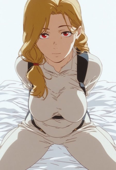 flatshinyskin, score_9, score_8_up, score_7_up , trisha elric, MILF, Plumb, Middle aged women, wrinkle line under eye
(prBl, 1girl, solo, long hair, side ponytail, blonde whitish  hair, red eyes)) , MANGASTYLE,Sitting, on knees, seductive pose, breasts, solo, 1girl, looking at viewer, Top angle, High angle, front view, kneeling, spread legs, saggy off centered teardrop breasts, body suit, yellow body suit, skin tight body suit, facing viewer, hands behind back, kneeling down, black bra, bra straps